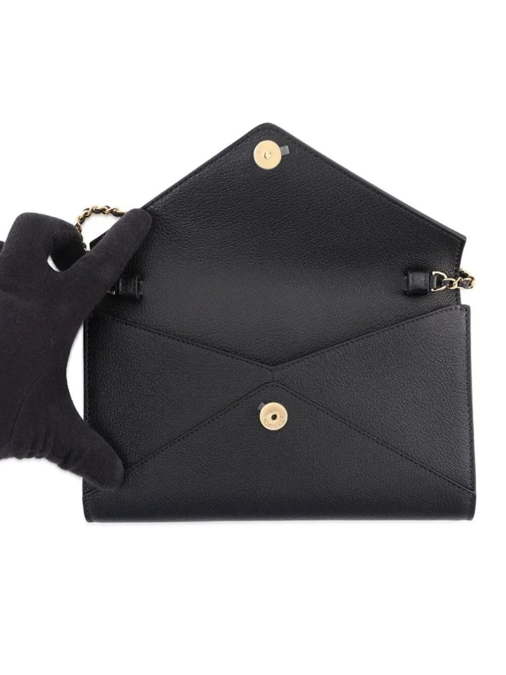 Chanel Chain Shoulder Bag Strap Clutch CC Logo Grained Goat Skin Black
